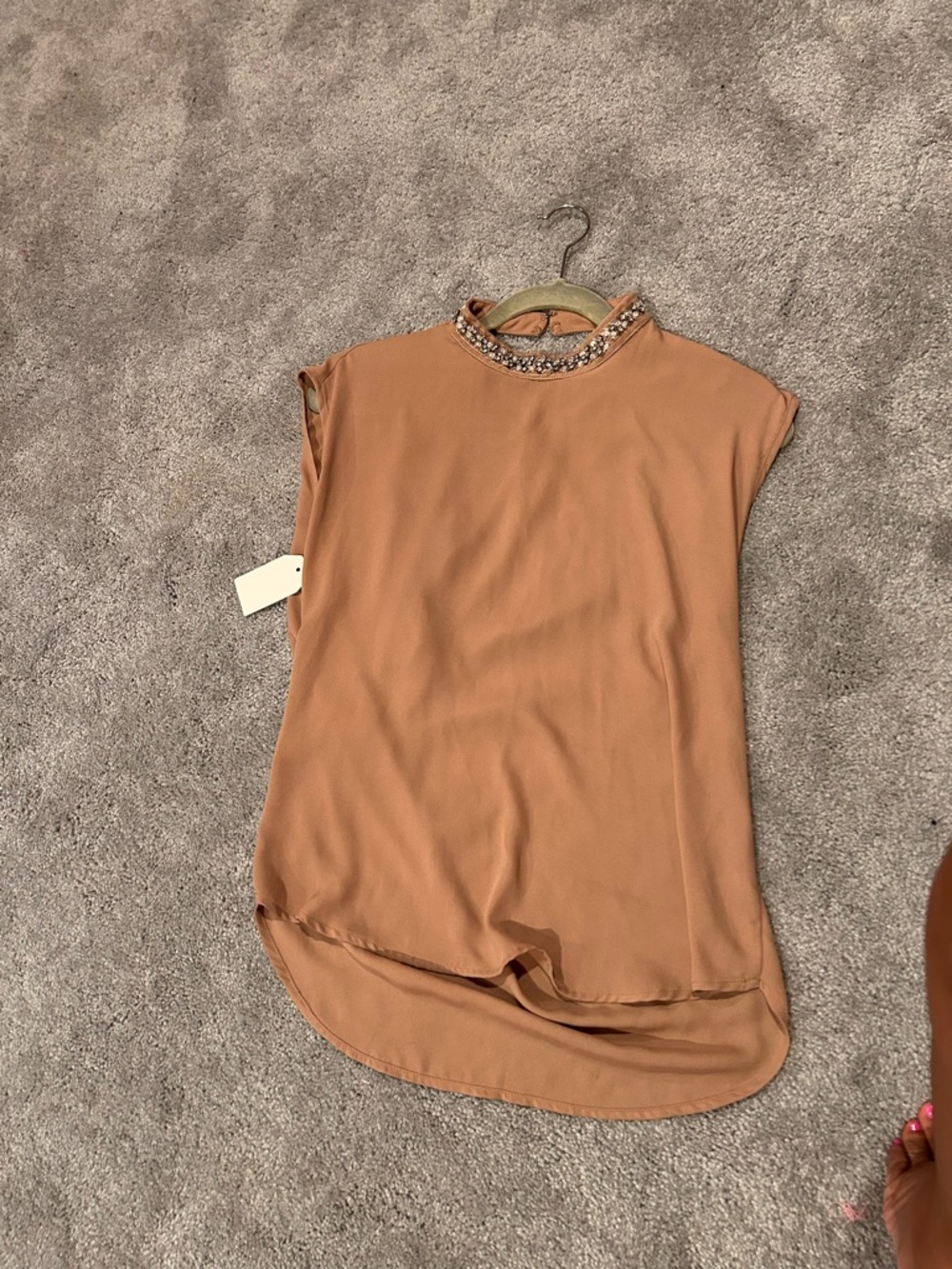 Embellished Neck Sleeveless Top in Camel